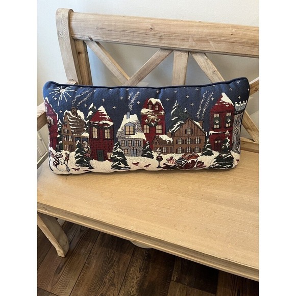Christmas Tapestry Pillow 15x15 & 24x12 Town Scene Newport Embroidery - Picture 3 of 8